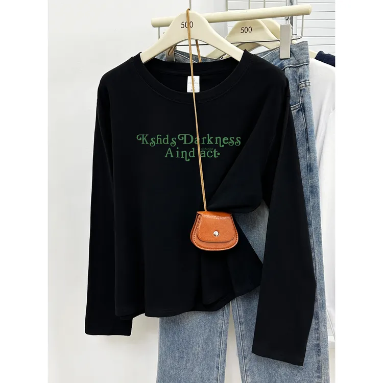 正肩长袖打底衫t恤女装大码字母休闲印花显瘦上衣2025秋冬季新款