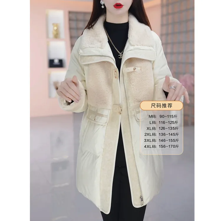 时尚毛领白色免洗保暖羽绒服女中长款冬季韩版宽松加厚白鸭绒外套
