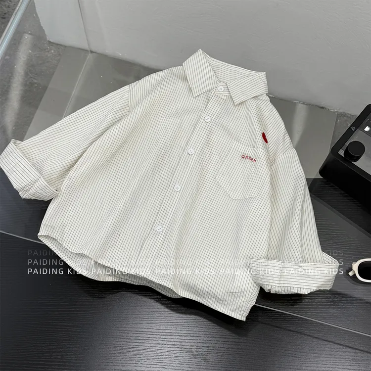 现货-【兔小呗】春秋装儿童细条纹百搭翻领长袖衬衫上衣HCXZ4495