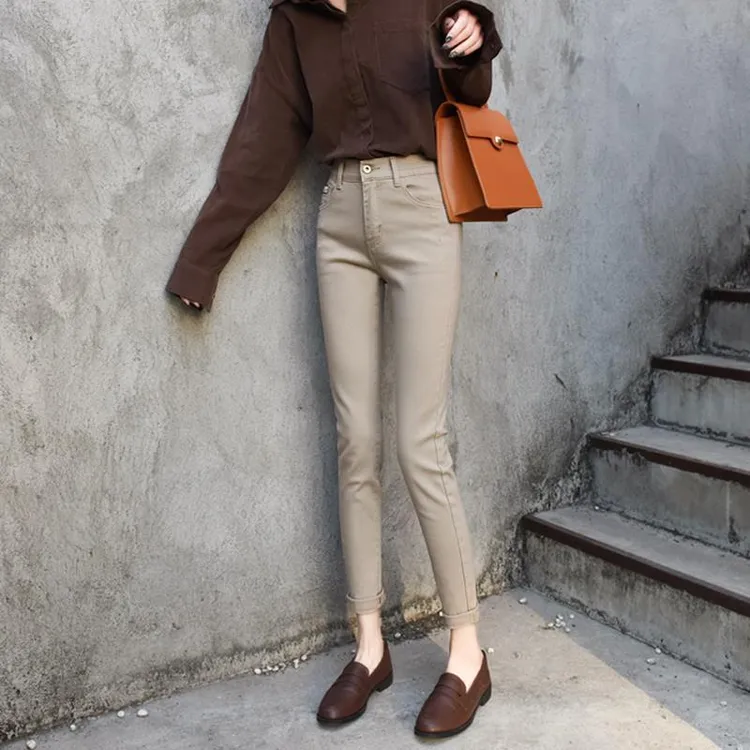 卡其色高腰裤子女款加厚2025秋冬加绒九分小个子修身小脚铅笔裤子
