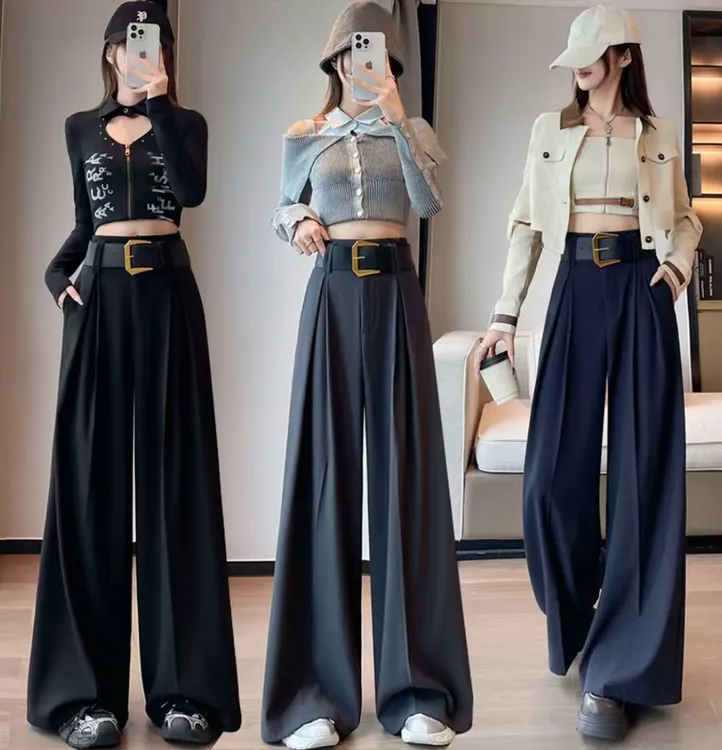 老钱风呢料秋冬高腰显瘦气质长裤休闲复古直筒拖地裤【送腰带】1019