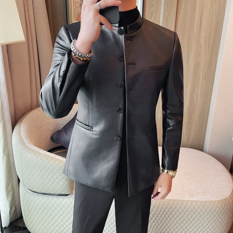 新中式高端儒雅立领皮衣男修身休闲商务皮西装轻奢高级感绅士外套