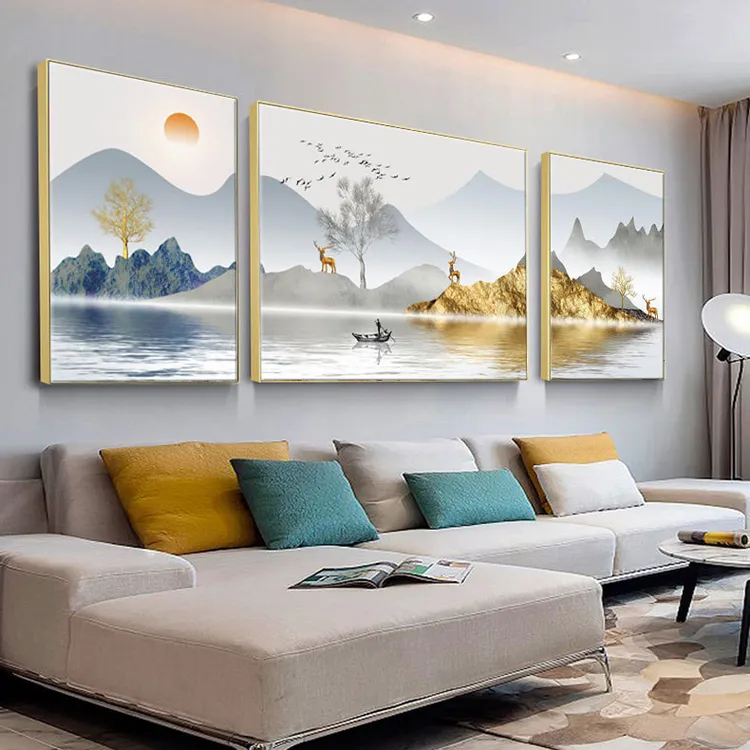 金山麋鹿轻奢三联画十字绣新款绣线新中式客厅简约现代中格棉布绣