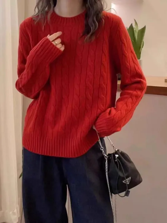 麻花圆领100%纯羊毛衫女秋冬季新款加厚纯色针织宽松百搭打底毛衣