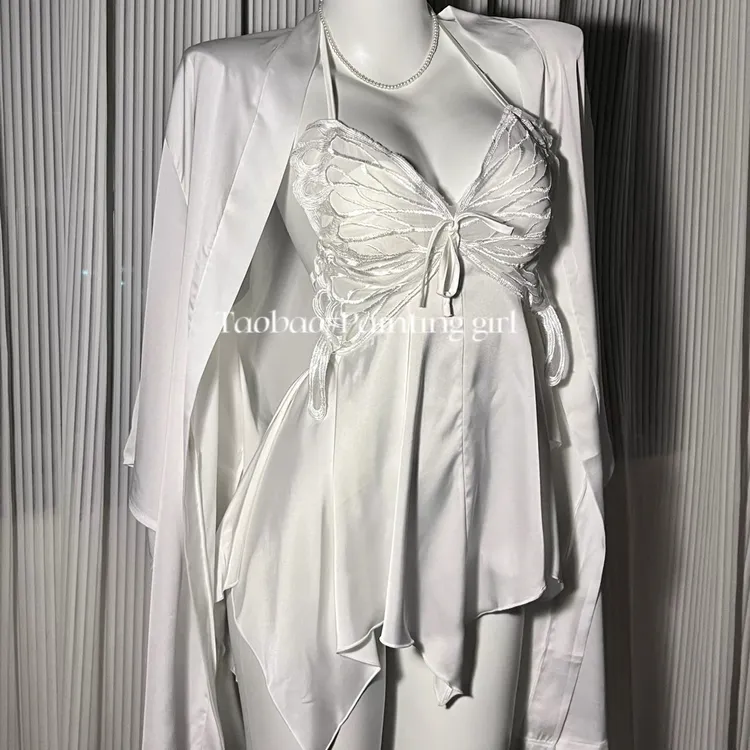 大蝴蝶带垫垫挂脖后背可调节不规则大裙摆冰丝裙