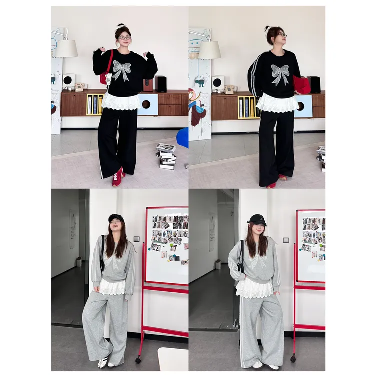 晶咕【满分甜度】蕾丝蝴蝶结卫衣+假两件蕾丝屁帘裙拼休闲裤