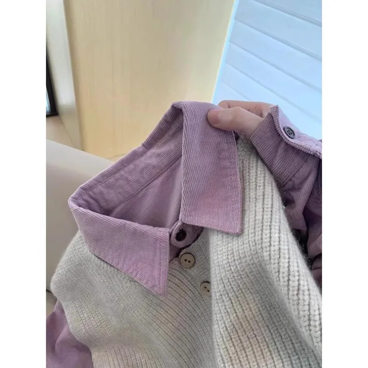 2025春秋新款女士高级感温柔减龄休闲紫色灯芯绒衬衫针织马甲套装