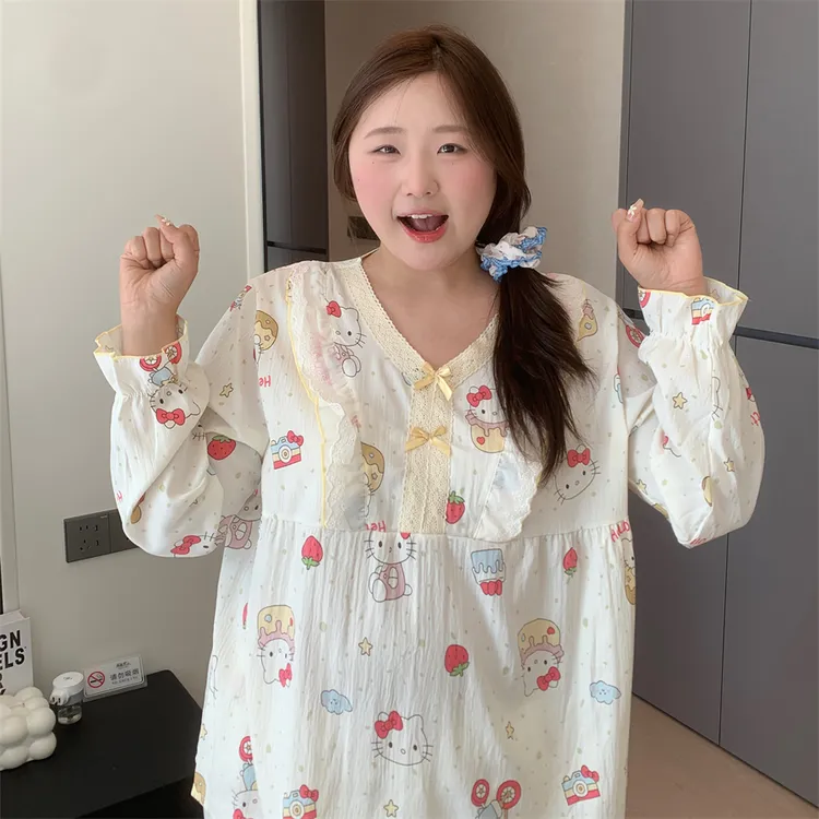 大码胖MM200斤秋季长袖长裤云朵棉软萌少女蛋糕KT猫ins睡衣