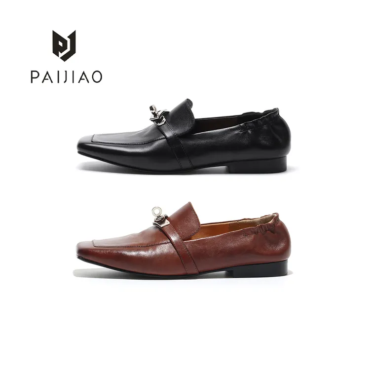 马皮手工锁扣复古方头单鞋褶皱高端气质一脚蹬乐福鞋小皮鞋XC800