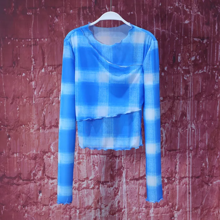 【韩哥女装】冰凉一夏 蓝白格纹叠层时尚网纱上衣7589