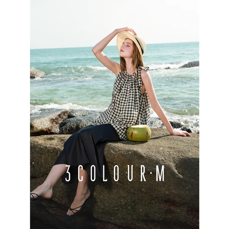 三彩2025夏季新款无袖系带格子衬衣宽松高级感法式衬衫上衣女M