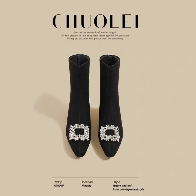 2025年新款内5CM韩版秋冬季毛呢方头水钻黑色加绒靴子瘦短靴女