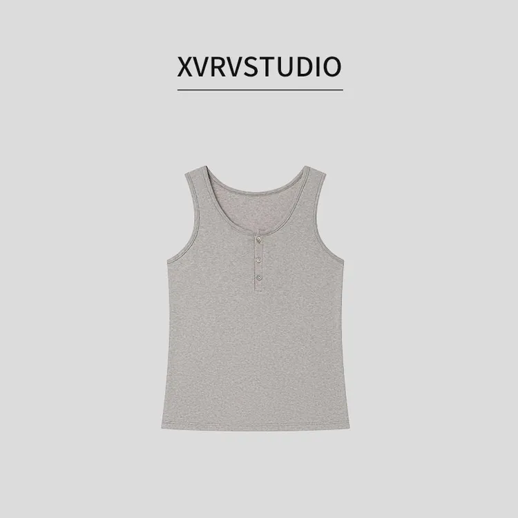 XVRV夏季天丝亚麻背心女无袖运动亲肤修身纽扣百搭吊带