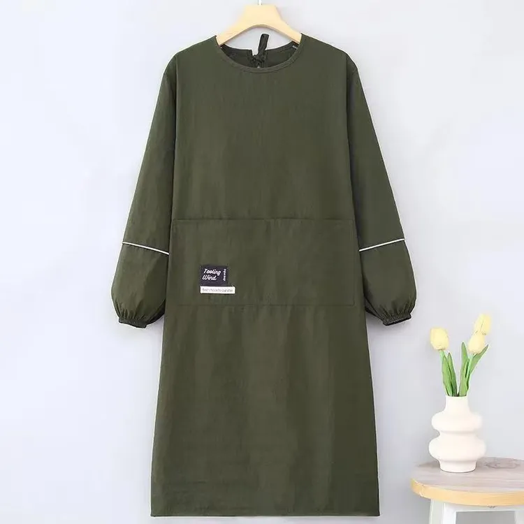 时尚年轻长袖防水加长款围裙透气耐磨家用厨房做饭罩衣餐饮工作服
