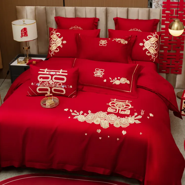 中式婚庆刺绣四件套床品女方陪嫁床上多件套结婚喜字刺绣套件红色