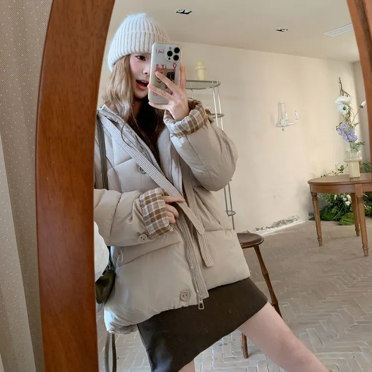 518 飘带格纹中长款服设计感洋气超好看加厚保暖面包服