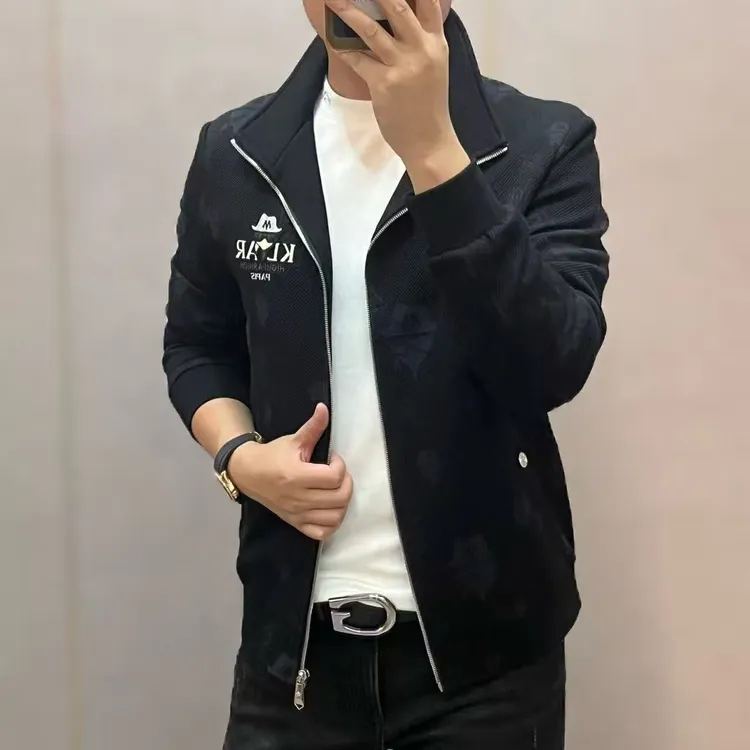 新款高端男士时尚潮流墨镜小人头胸标立领夹克外套89120