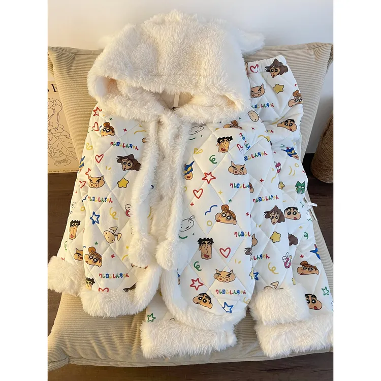 蜡笔小新三层夹棉睡衣女冬季毛绒绒耳朵连帽外套居家服套装可外穿