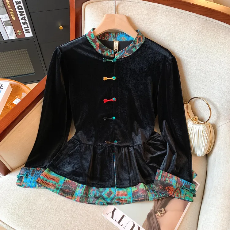 新中式刺绣立领丝绒衬衫外套长袖衬衣女春秋冬唐装中国风高端上衣