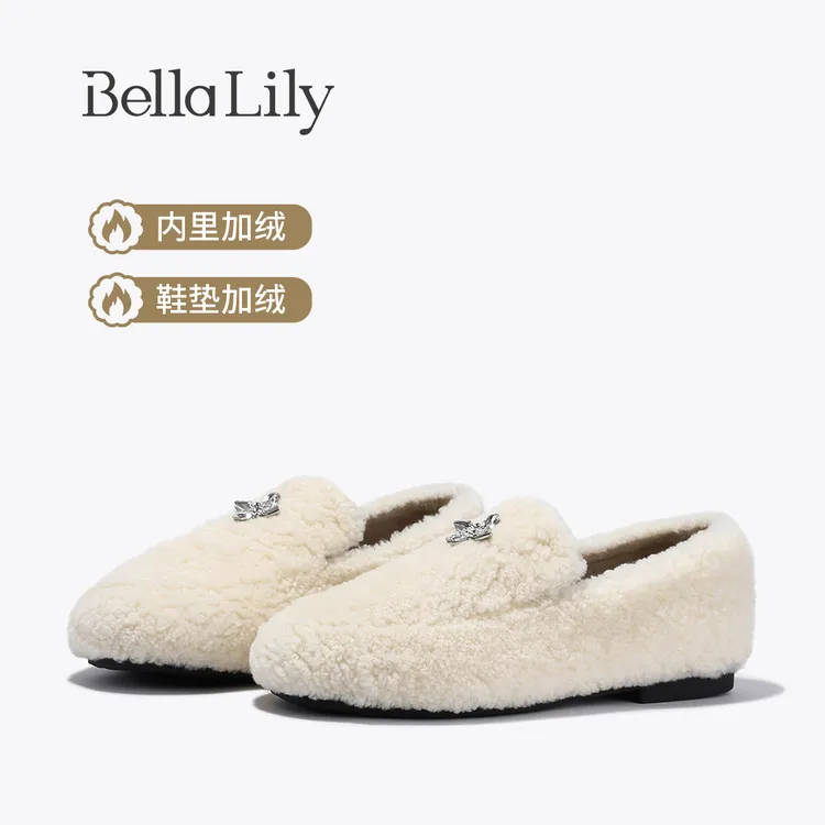 BellaLily2025冬季新款小香风加绒羊毛单鞋女一脚蹬乐福鞋平底鞋