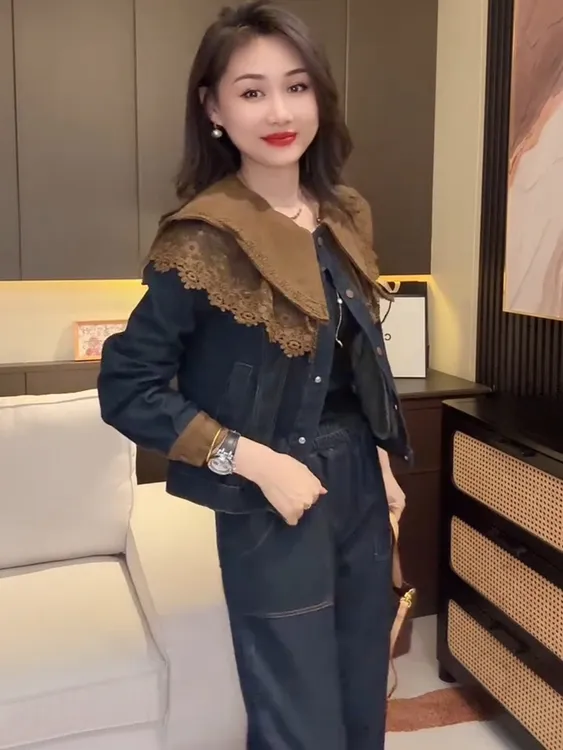 轻奢设计感牛仔套装2025早秋韩版休闲长袖娃娃领漂亮上衣+裤子