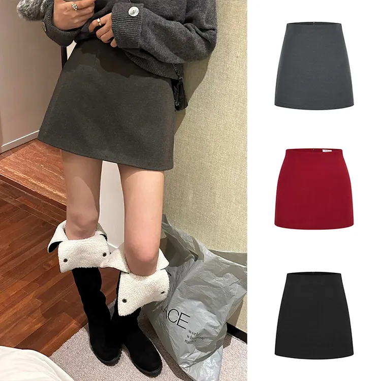 Moses Queen/魔西女王秋冬款防走光黑色高腰短裙显瘦A字包臀裙