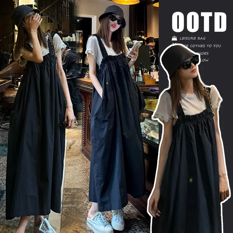 孕妇装夏装2025新款时尚款简约孕妇连衣裙休闲背带裙拼接蕾丝上衣