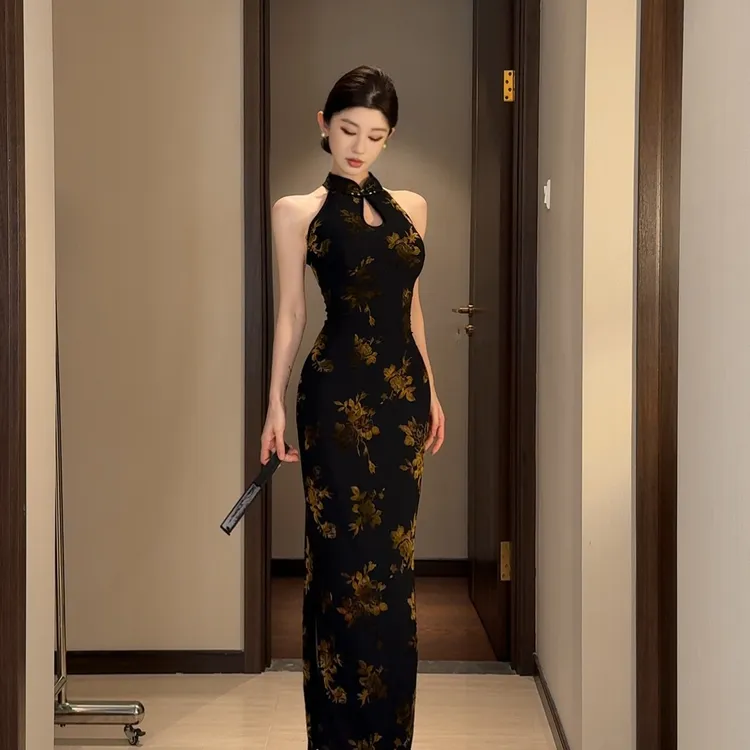 【蚀光】烧花旗袍中国风性感风无袖水滴领常规旗袍夏季显瘦中式旗袍