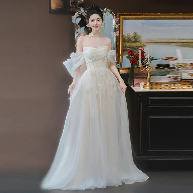 S一字肩轻婚纱新娘结婚迎宾出门纱高端轻奢宴会晚礼服