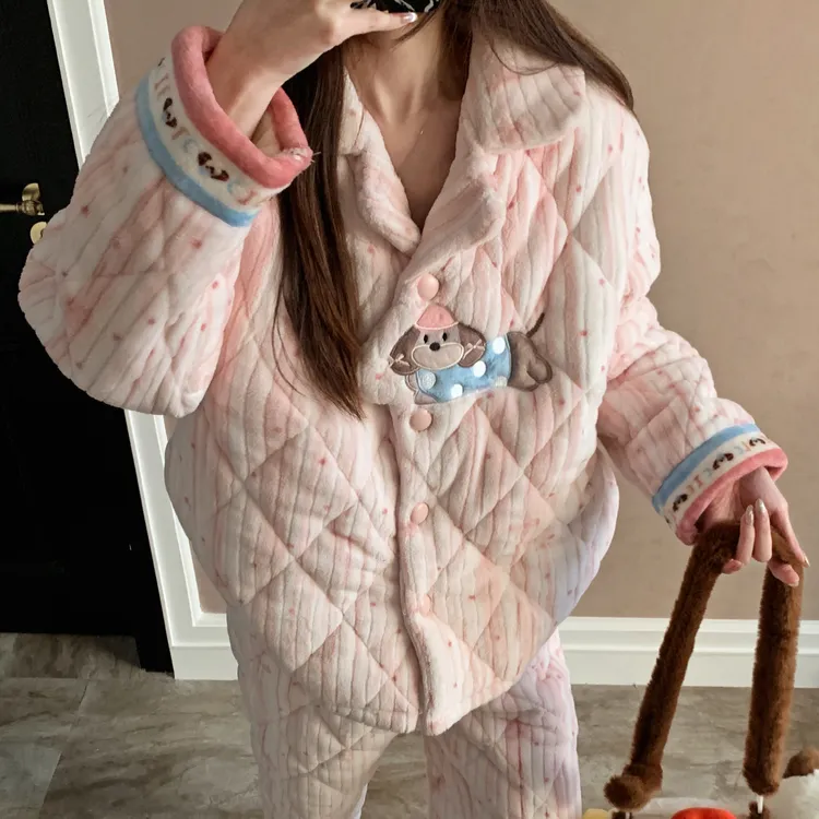 网红风睡衣女冬季三层珊瑚绒夹棉粉色小狗条纹加厚保暖家居服套装