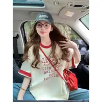 美式复古字母印花短袖t恤女2025新款爆夏季潮牌宽松撞色袖25054