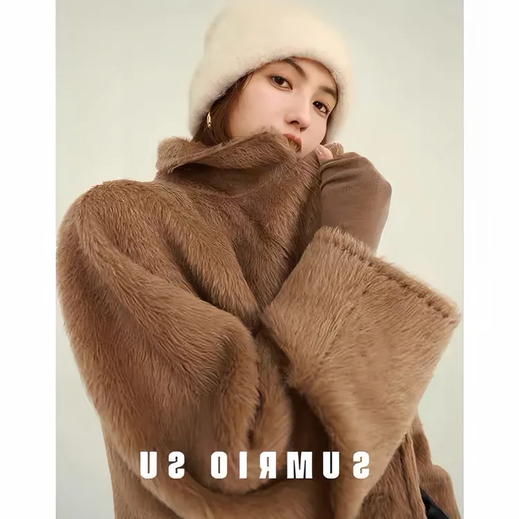  秘鲁进口101801苏力羊驼毛大衣女长款高端咖啡色双面羊毛呢外套