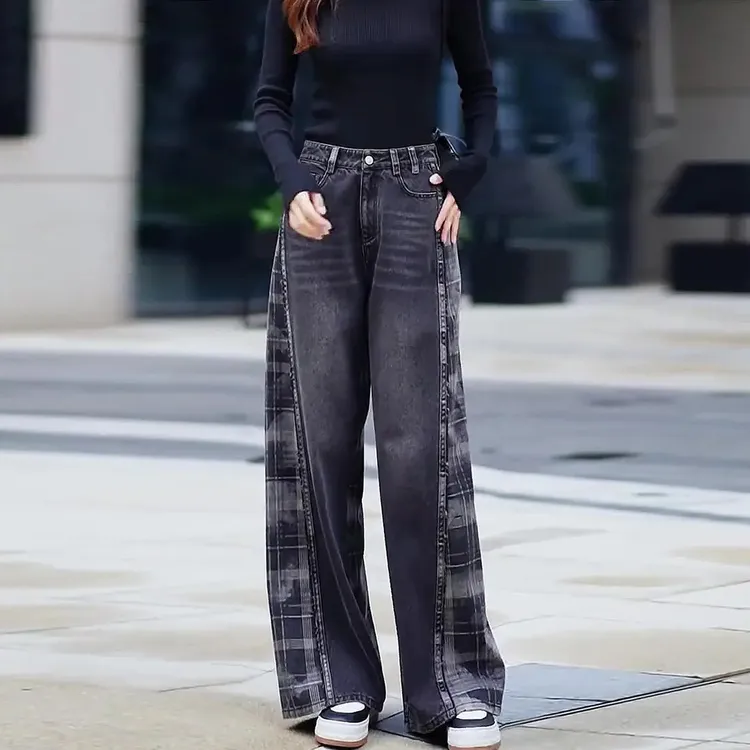 韩版格子拼接阔腿牛仔裤秋冬新款高腰宽松休闲显瘦时尚百搭阔腿裤