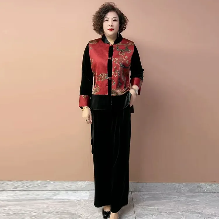 春季盘扣拼接丝绒中式马甲遮肉显瘦坎肩休闲时尚洋气中年妈妈套装