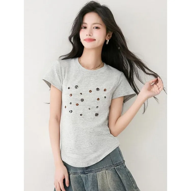美式辣妹复古纽扣正肩短袖t恤女夏季新款设计感小众显瘦百搭上衣