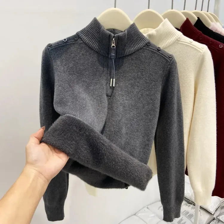半高领纯色加绒打底衫毛衣女内搭2025新款秋冬季加厚保暖针织上衣