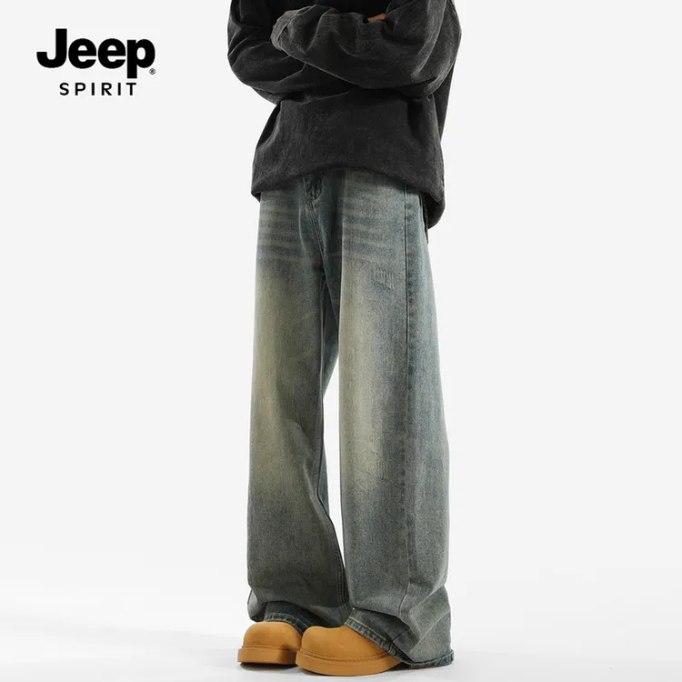 JEEPSPIRIT美式复古牛仔裤秋季男裤新款潮牌重磅裤子宽松直筒长裤