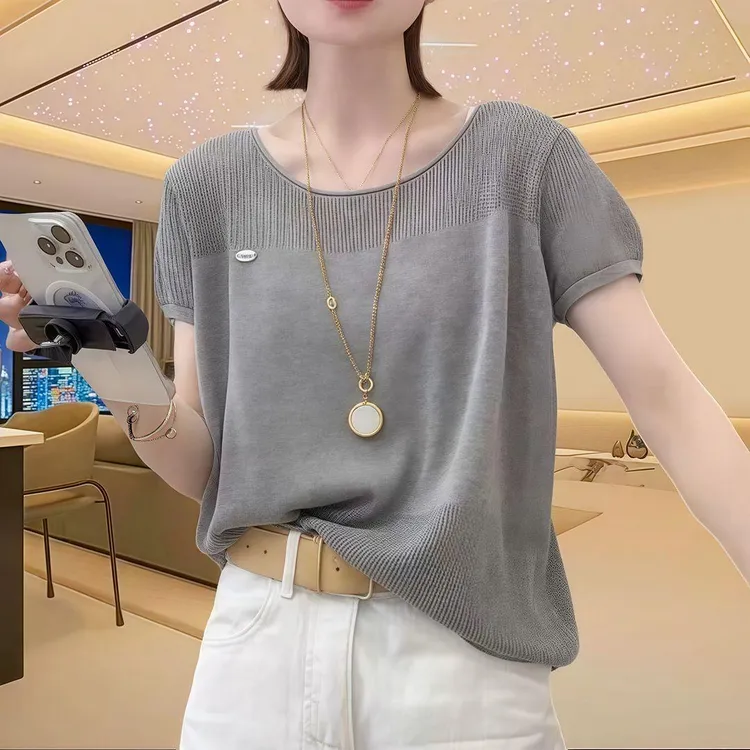 夏季新款短袖镂空针织衫女休闲纯色修身显瘦宽松洋气薄款上衣T恤