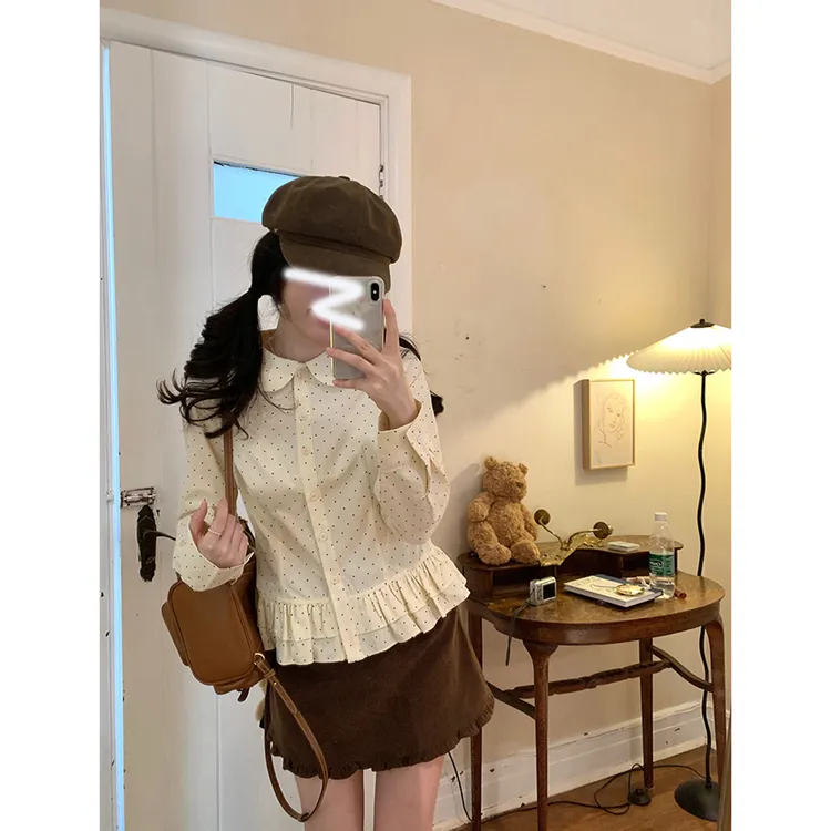 波点恋曲 法式娃娃领花边波点衬衫女秋装设计感收腰显瘦长袖上衣