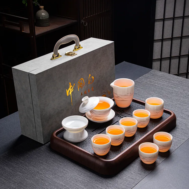 羊脂玉白瓷功夫茶具套装轻奢高档家用客厅办公室泡茶带茶盘礼盒装