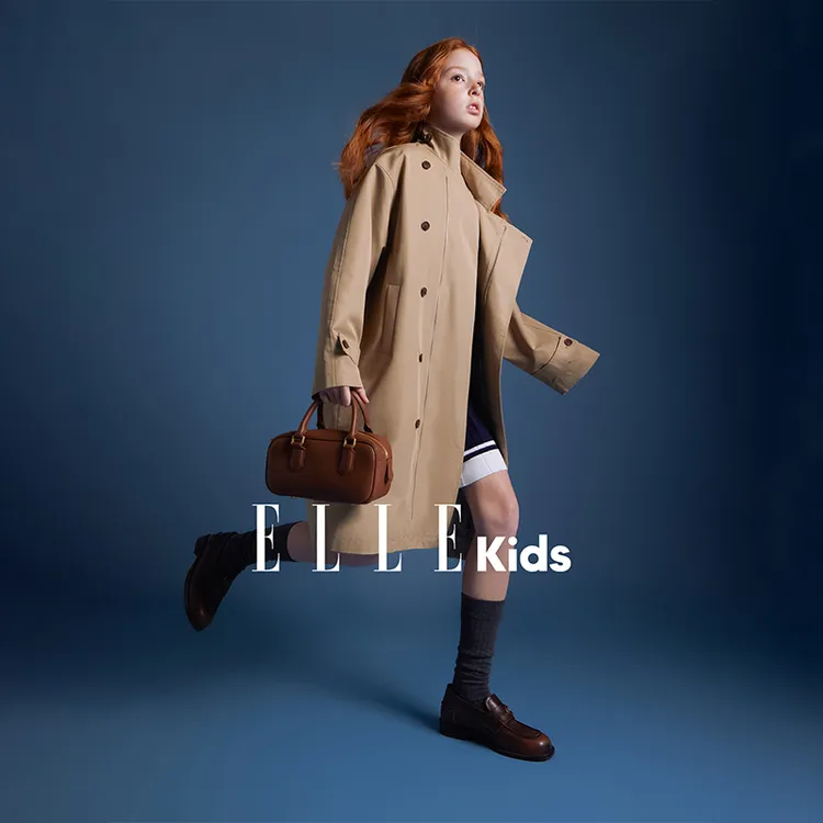 ELLE KIDS女童装春款时尚走秀款英伦风大口袋刺绣长款风衣外套Q1