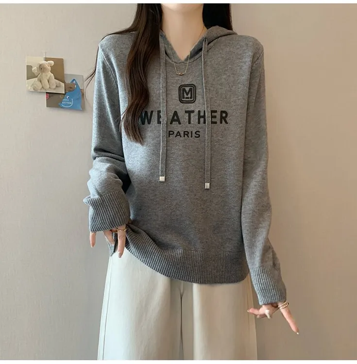 秋冬软糯慵懒风灰色连帽针织毛衣女大码纯色套头外穿长袖上衣新款