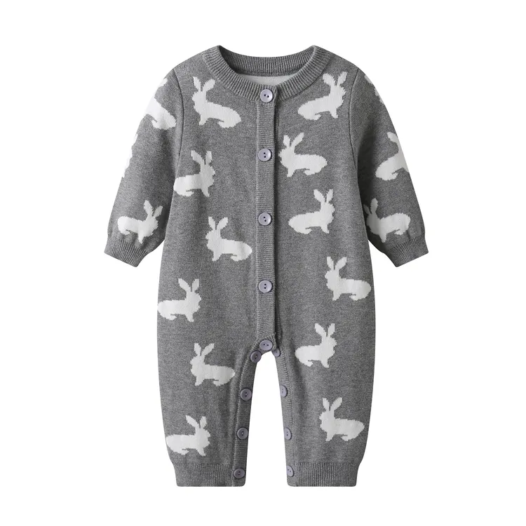 秋冬新款婴儿针织哈衣宝宝双面提花连体毛衣小白兔棉线爬服