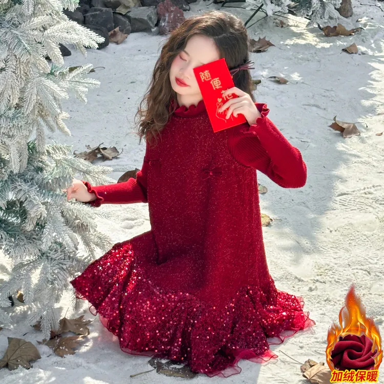 新年装女童加绒连衣裙2025拜年服中大童洋气女孩公主裙背心裙子潮