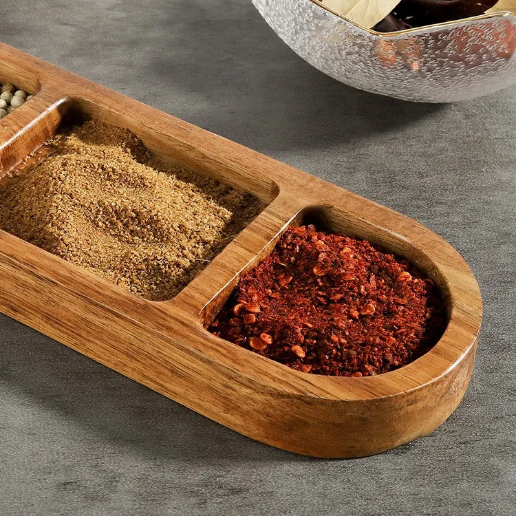 釉上彩小菜碟收纳早餐盘实木咸菜相思木调味分格蘸料碟子具碟带醋