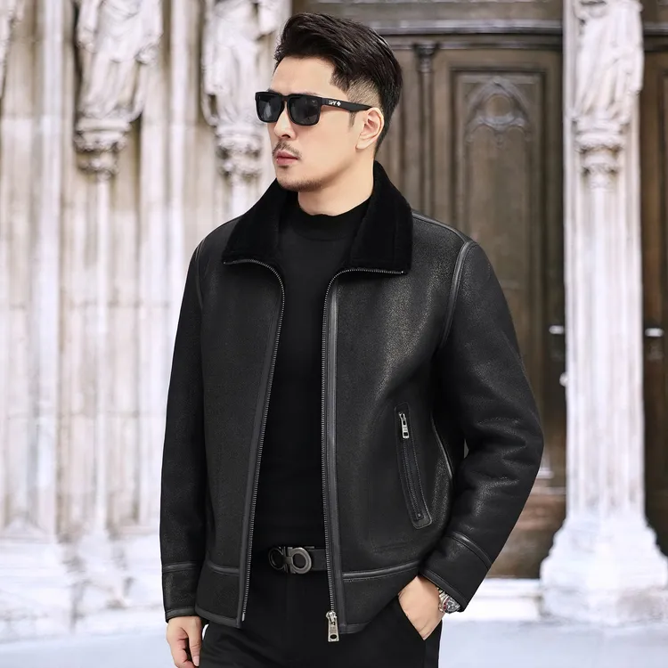 真皮皮衣男皮毛一体绵羊皮外套加厚皮草短款立翻领皮夹克冬季保暖