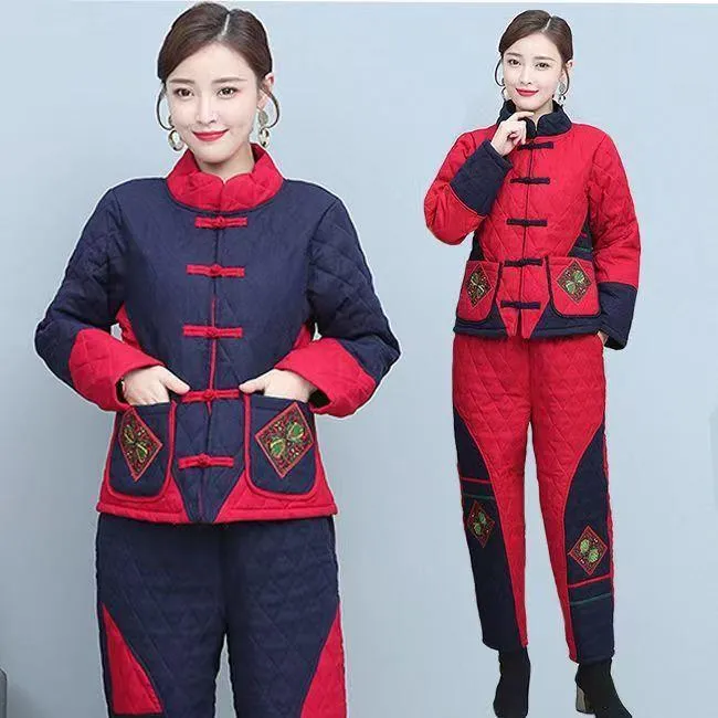 中年妈妈民族风棉衣套装女冬季加棉加厚复古绣花宽松保暖棉衣棉裤