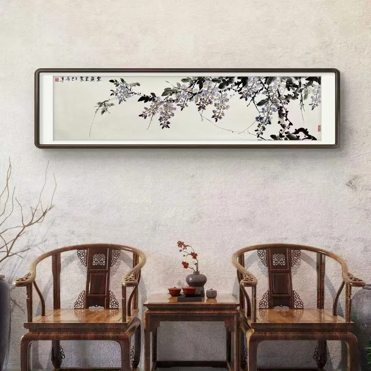 《紫气东来》纯手绘四尺对开紫藤花餐厅茶室卧室国画挂画作品