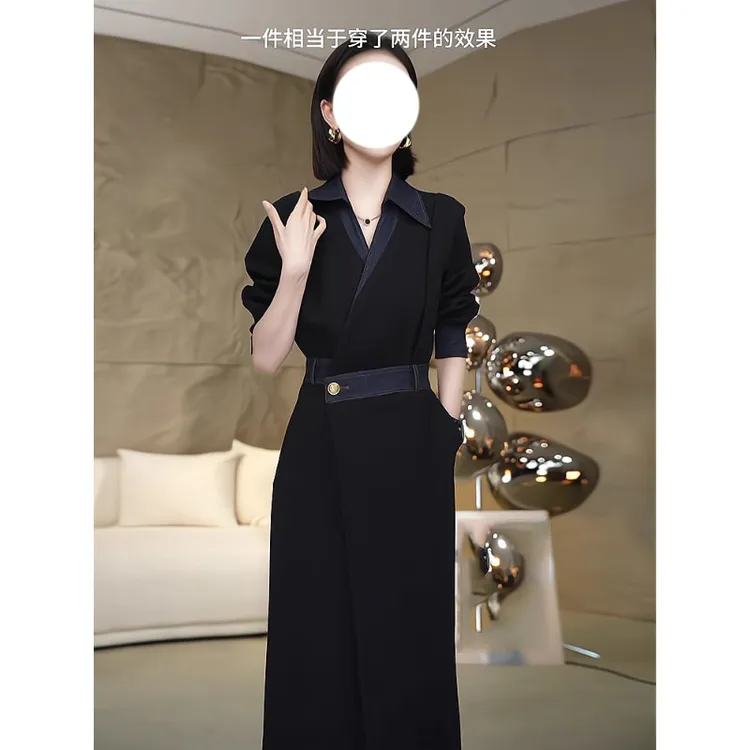 法式小香风气质时尚休闲连衣裙女秋长袖拼接撞色收腰设计感小黑裙