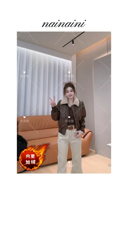 奈奈妮【摩卡可可】加绒加厚短皮衣外套女2025冬季新款25199